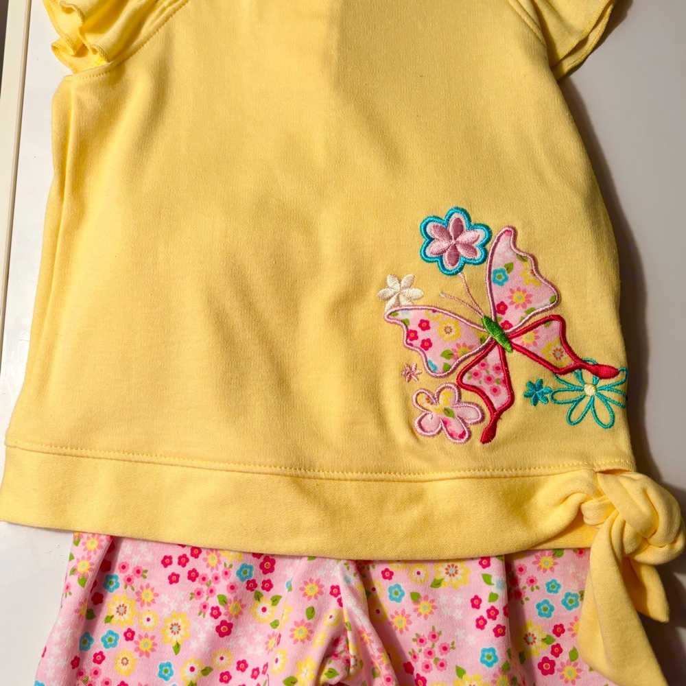 Girls Toddler Yellow And Pink Two Set, Floral Shorts And Floral Accents On Top
